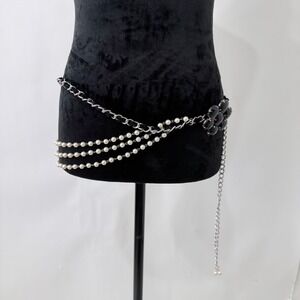 Faux Pearl Chain Black Floral Chain Belt Y2K Gothic Dark Romantic Waist Jewelry